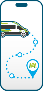 Illustration of a Sun Metro Microtransit van driving along a path to a Microtransit stop